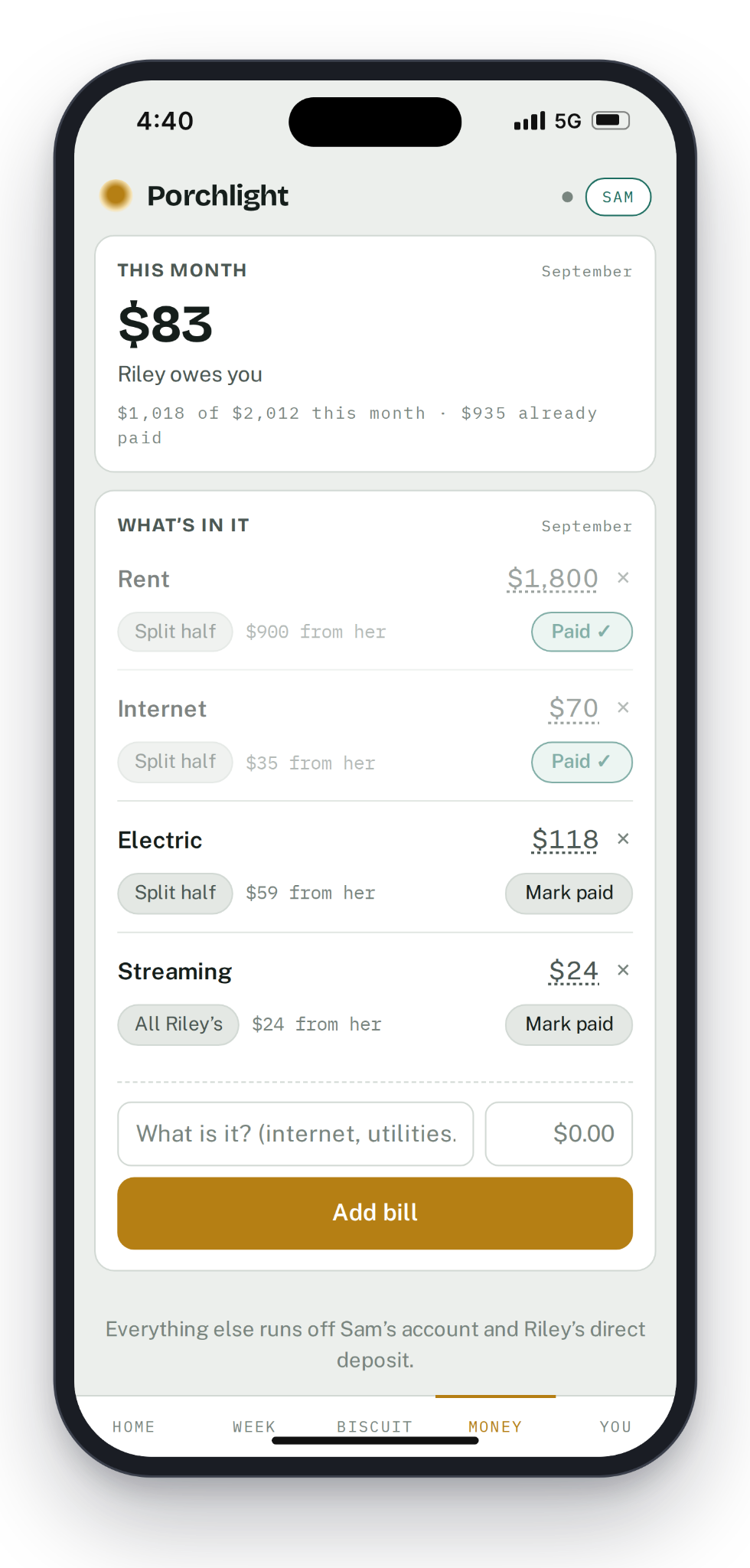 Porchlight shared expenses with fictional demo amounts