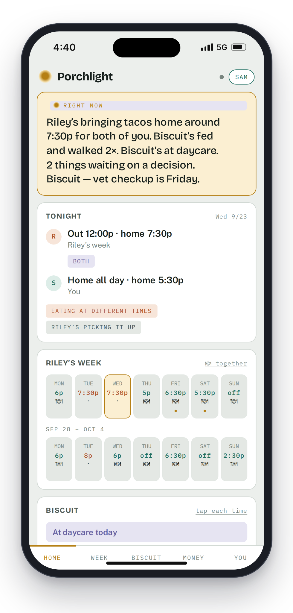 Porchlight home view using fictional demo household data