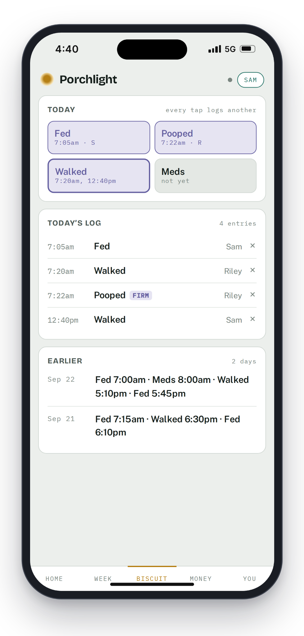 Porchlight pet care view with fictional demo data