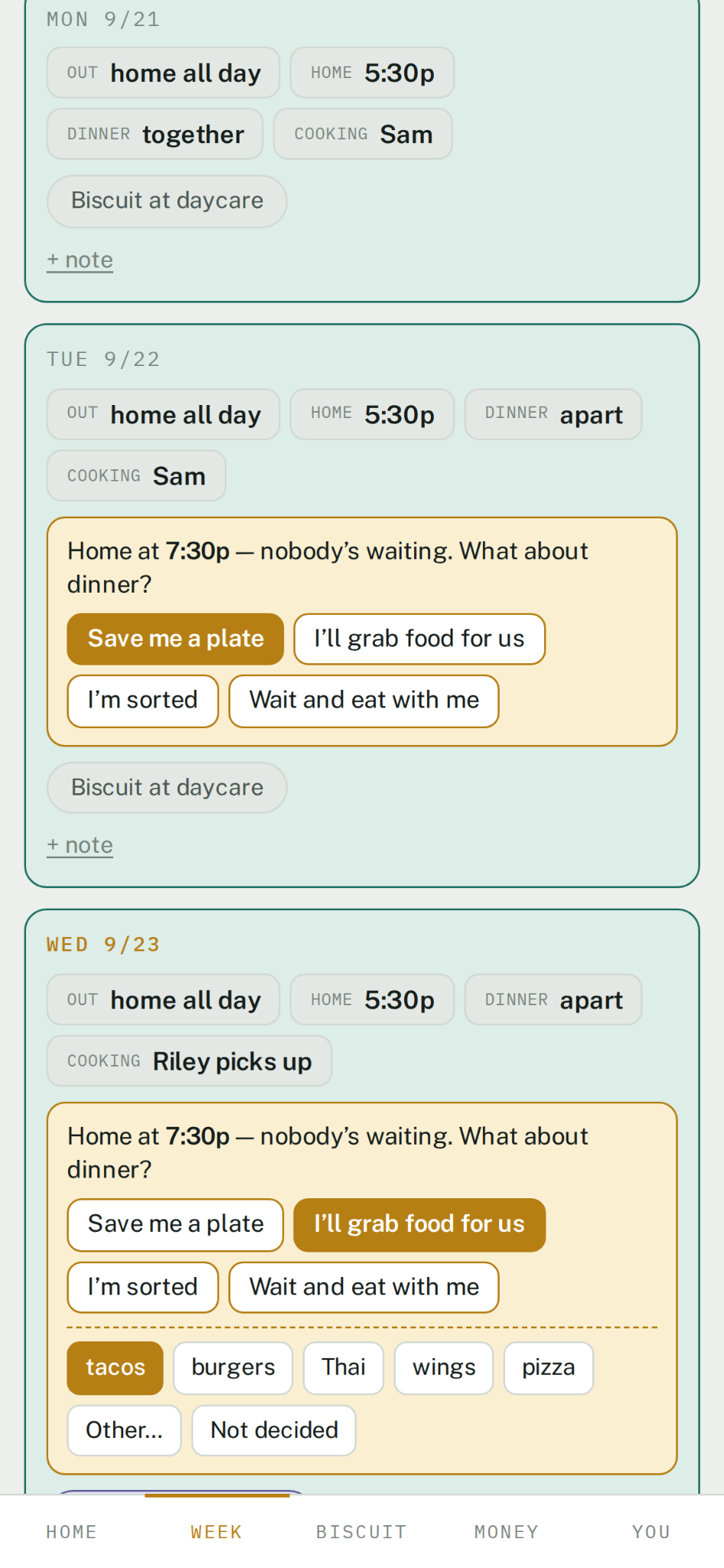 Porchlight dinner prompt with fictional demo data