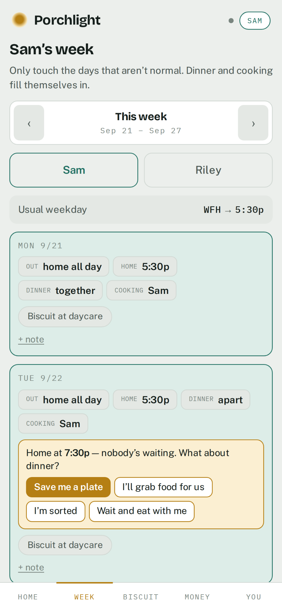 Porchlight weekly schedule with fictional demo data